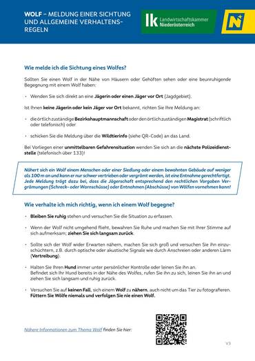 Informationsblätter zum Umgang mit Wölfen