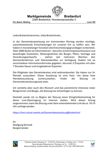 Live-Übertragung der Gemeinderatssitzung
